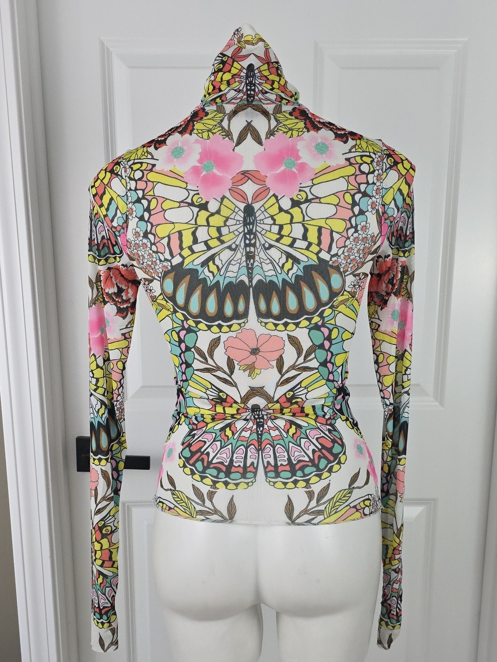 Afrm Hippie Mesh Multicolor Butterfly Floral Print Turtleneck Longsleeve Top - Picture 2 of 8